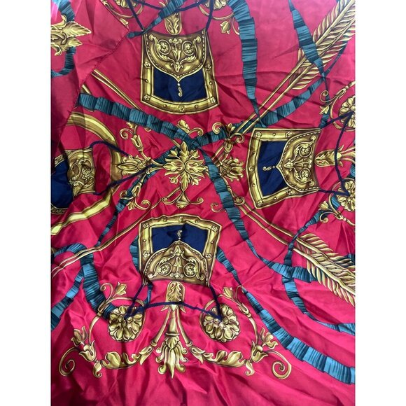 Daks Red Italian Silk Scarf With Gold Baroque Print - Picture 4 of 8